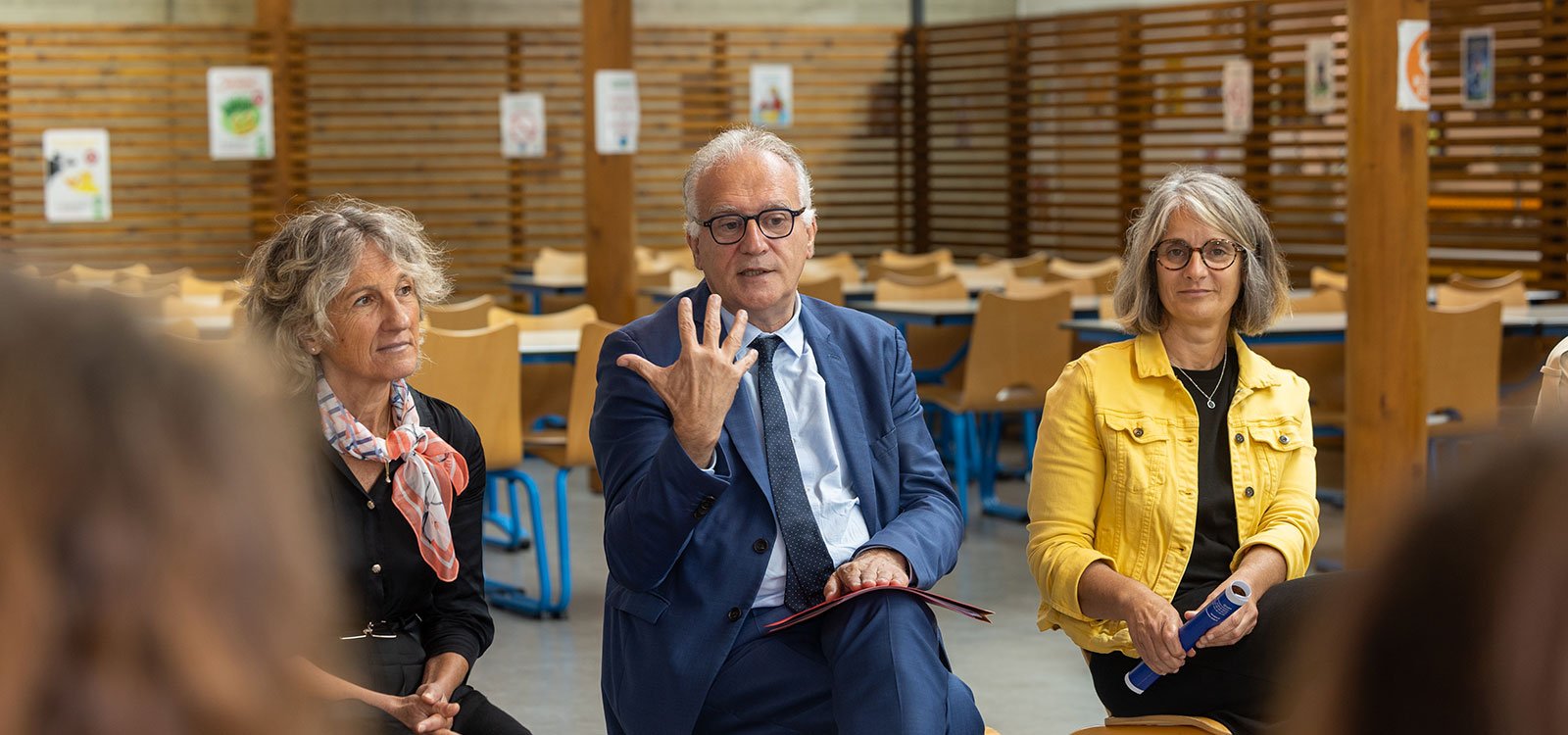 Xavier Fortinon avec Claudine Lajus, directrice académique des services de l’Éducation nationale, et Muriel Lagorce, vice-présidente du Département en charge de l'Éducation